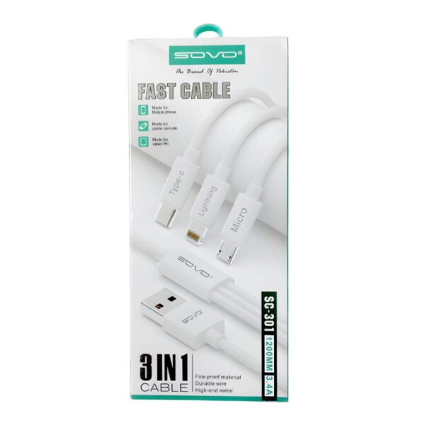 SOVO SC-301 High Quality 3.4A Fast Charge 3-In-1 USB Cable - Image 6