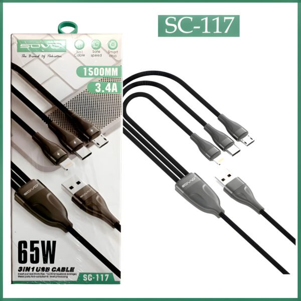 SOVO SC-117 High-Quality 65W 3-In-1 USB Cable