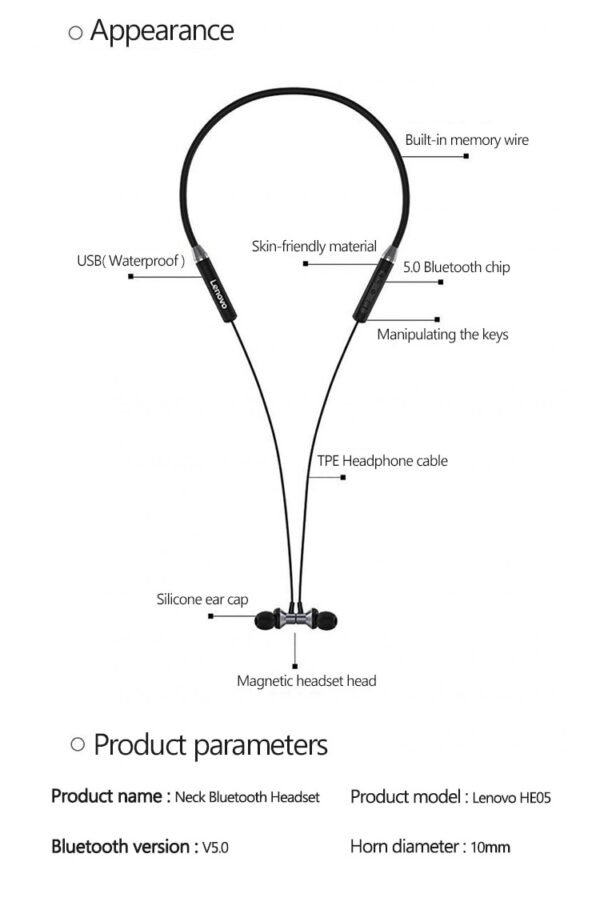 Lenovo HE05 Bluetooth 5.0 Neckband Wireless Stereo Sports Magnetic Headphones IPX5 Waterproof - Image 2